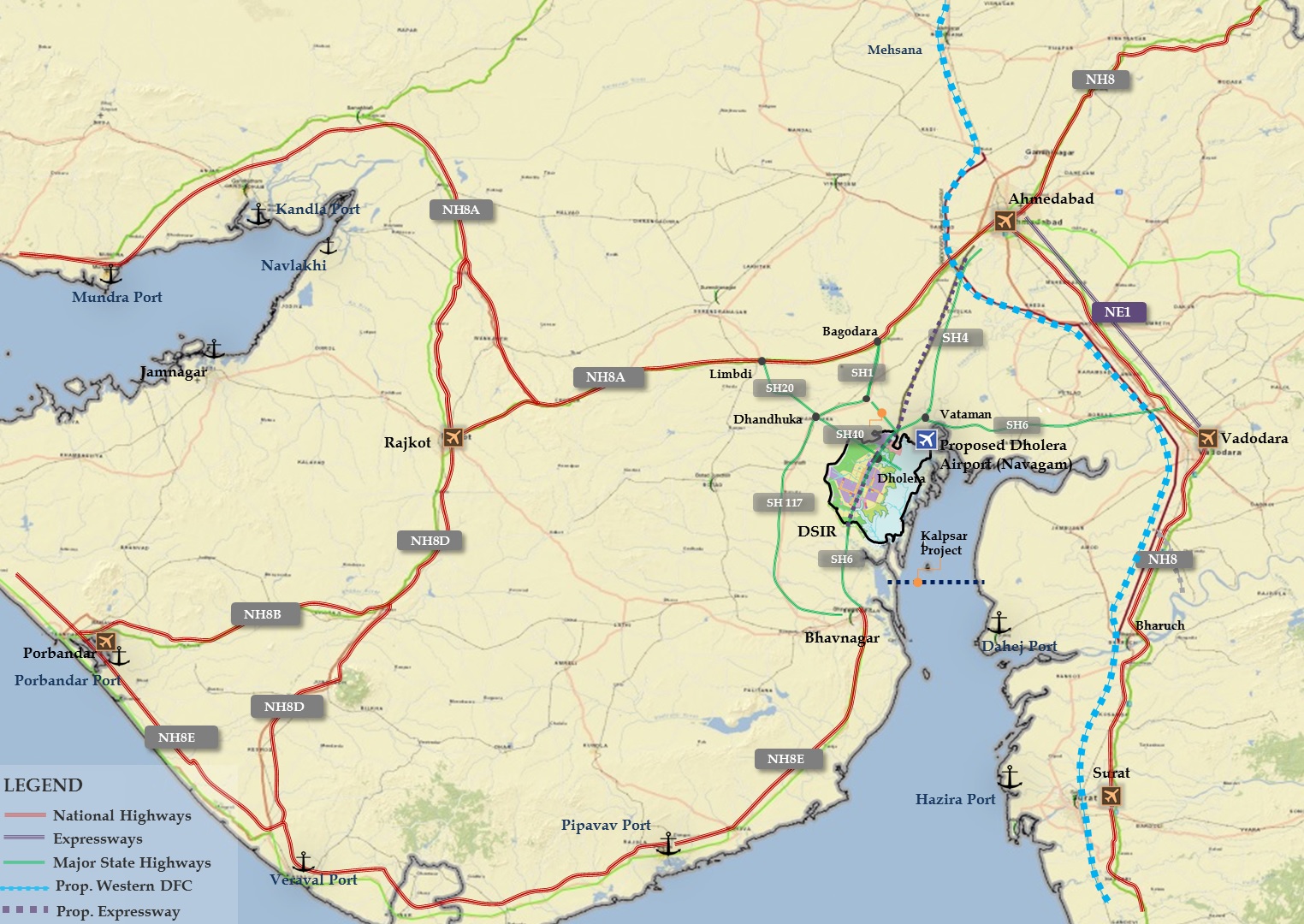 Road and Air Connectivity Map for Dholera